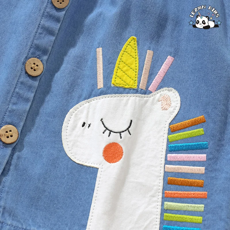 LEZONKIDS - Customizable Denim Frocks Girls 2-14 Years O-Neck Western Style Unicorn Print Button Decoration Girls Dress